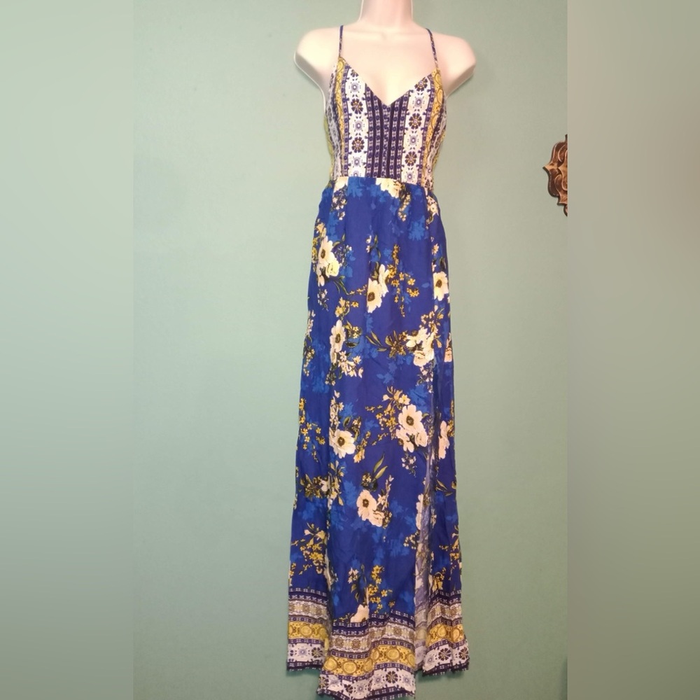 Forever 21 Blue & Yellow Floral Print Maxi Dress, Open Lace-Up Back, Size L